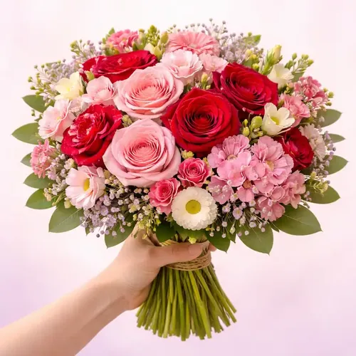 Romanttinen kukkakimppu – punaiset ruusut ja rakkaudenkukat